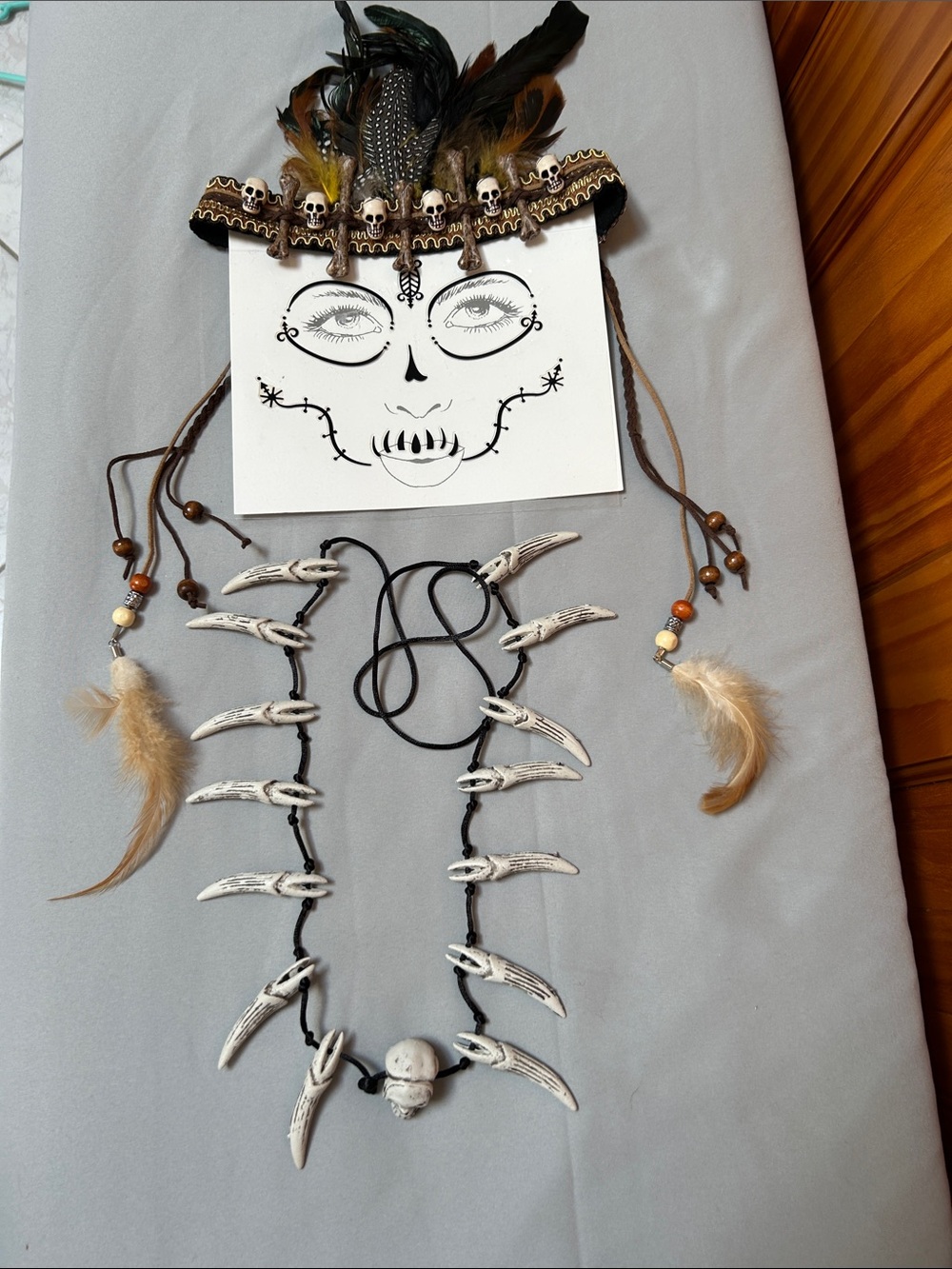 Boho Feather & Bone Headband with skull and teeth accent Necklace.